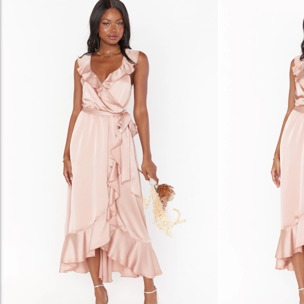 Show me your Mumu Samantha ruffle wrap dress 
Rose Gold Luxe Satin